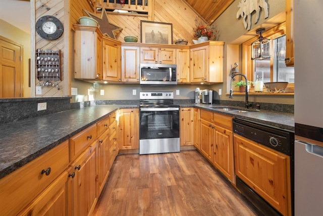 W7113 Bighorn Ct, Wautoma, WI 54982 - kitchen featuring lofted ceiling, wood finished floors, a sink, and stainless steel appliances