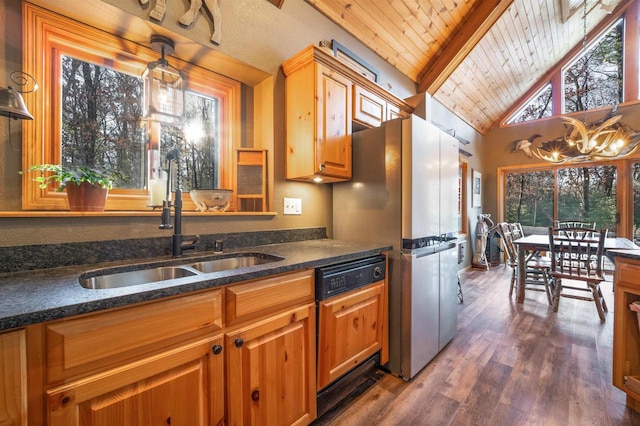W7113 Bighorn Ct, Wautoma, WI 54982 - kitchen featuring lofted ceiling with beams, dark wood finished floors, wood ceiling, a sink, and paneled dishwasher