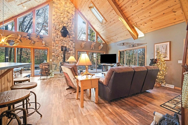 W7113 Bighorn Ct, Wautoma, WI 54982 - living area featuring a skylight, plenty of natural light, wood finished floors, and wood ceiling