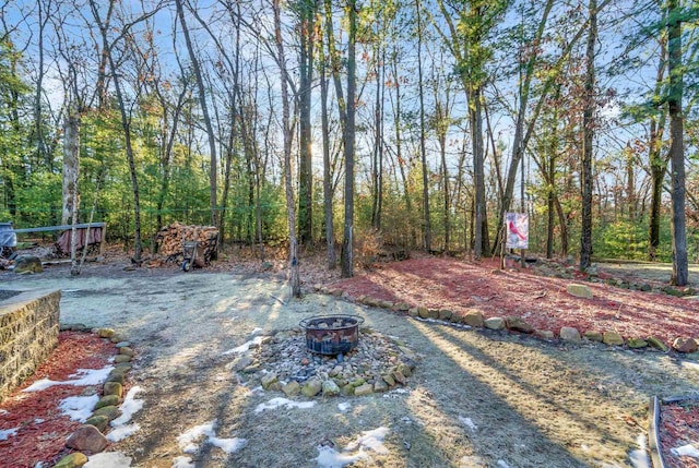 W7113 Bighorn Ct, Wautoma, WI 54982 - view of yard featuring an outdoor fire pit and a forest view
