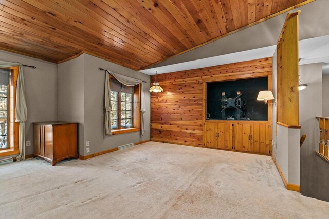 unfurnished living room featuring wood ceiling, carpet floors, vaulted ceiling, and visible vents
