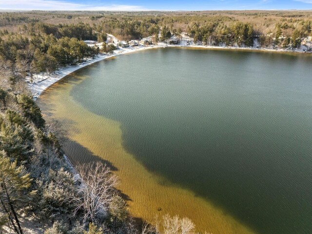 birds eye view of property featuring a wooded view and a water view