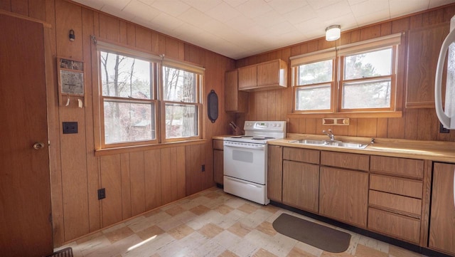W13573 S Pleasant Rd, Westfield, WI 53964 - kitchen featuring white electric range, a sink, healthy amount of natural light, wooden walls, and light countertops