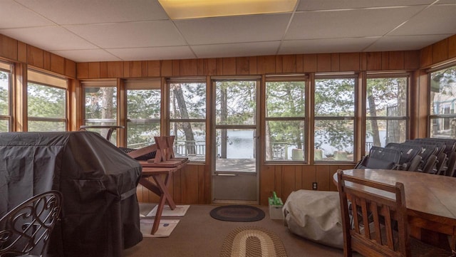 W13573 S Pleasant Rd, Westfield, WI 53964 - sunroom / solarium with a water view, wood walls, carpet flooring, and a paneled ceiling