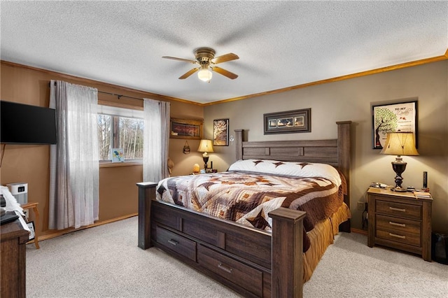 6825 W Lakewood Blvd, Ladysmith, WI 54848 - bedroom with a textured ceiling, ceiling fan, crown molding, and light colored carpet