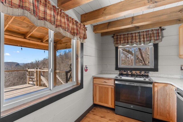 9614 Mississippi Ln, Bagley, WI 53801 - kitchen featuring light wood finished floors, light countertops, beam ceiling, and stainless steel appliances