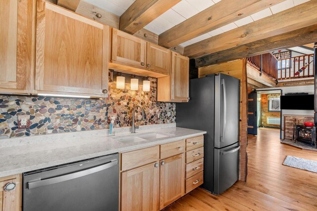 9614 Mississippi Ln, Bagley, WI 53801 - kitchen featuring a sink, light brown cabinets, appliances with stainless steel finishes, and beamed ceiling