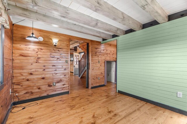 9614 Mississippi Ln, Bagley, WI 53801 - empty room featuring light wood finished floors, stairs, beamed ceiling, and wood walls