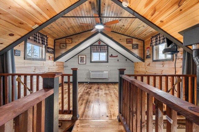 9614 Mississippi Ln, Bagley, WI 53801 - additional living space featuring wooden ceiling, a ceiling fan, wood-type flooring, lofted ceiling, and an AC wall unit
