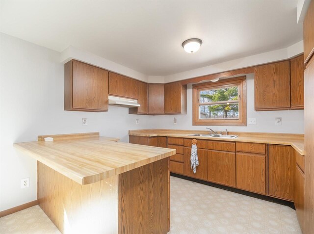 N6741 S Center Rd, Beaver Dam, WI 53916 - kitchen with a sink, brown cabinetry, under cabinet range hood, and light floors