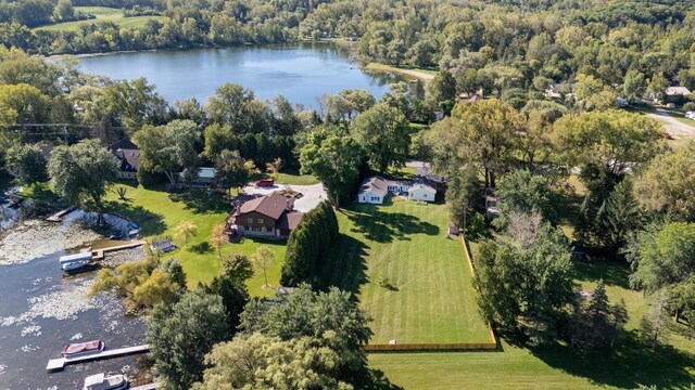 2548 Wallace Lake Rd, West Bend, WI 53090 - birds eye view of property with a water view and a view of trees