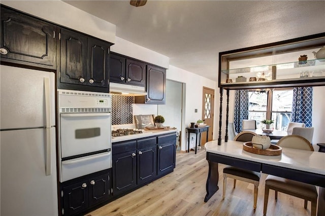 E5512 784th Ave, Menomonie, WI 54751 - kitchen featuring light countertops, a warming drawer, under cabinet range hood, white appliances, and light wood-style floors