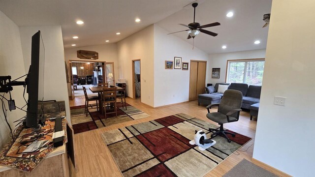 84195 State Highway 13, Bayfield, WI 54814 - living area featuring recessed lighting, vaulted ceiling, light wood-style flooring, and a ceiling fan