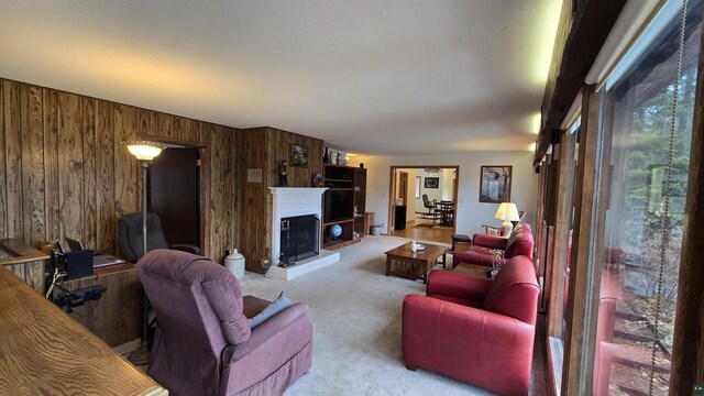 84195 State Highway 13, Bayfield, WI 54814 - carpeted living room with wood walls and a fireplace with raised hearth