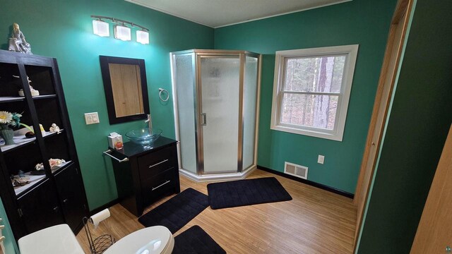 84195 State Highway 13, Bayfield, WI 54814 - bathroom featuring toilet, wood finished floors, visible vents, and a stall shower