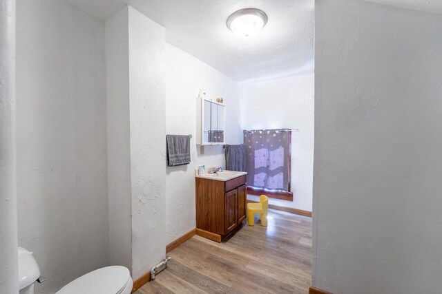 430 N 2nd Ave, Wausau, WI 54401 - bathroom with baseboards, toilet, wood finished floors, vanity, and a textured wall