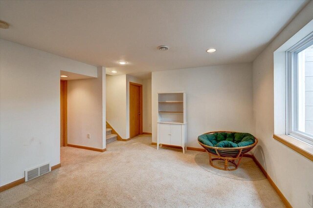 968 Pine St, Sun Prairie, WI 53590 - unfurnished room featuring visible vents, carpet, baseboards, recessed lighting, and stairway