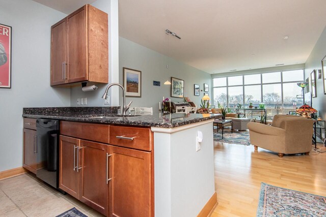 1550 E Royall Pl Unit 410, Milwaukee, WI 53202 - kitchen featuring open floor plan, dark stone countertops, a sink, dishwasher, and a peninsula