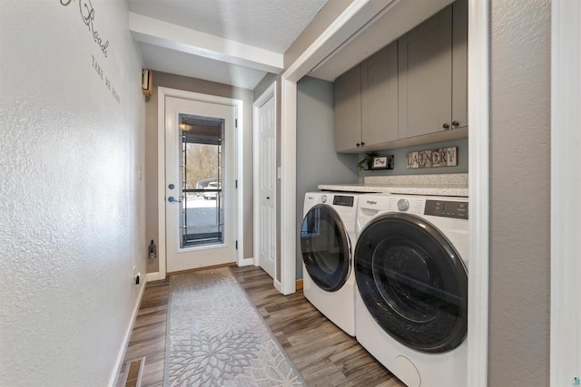 4463 E Singkofer, Superior, WI 54880 - laundry room featuring independent washer and dryer, cabinet space, light wood-style flooring, and baseboards