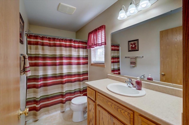 full bath with visible vents, toilet, and vanity