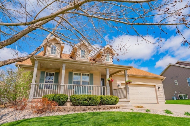 view of front of property with covered porch, an attached garage, driveway, and a front yard