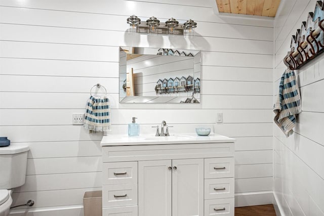 W5430 Southview Dr, Necedah, WI 54646 - bathroom with wood finished floors, wooden walls, vanity, and toilet