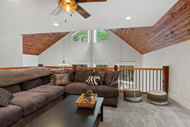 W5430 Southview Dr, Necedah, WI 54646 - living area with ceiling fan with notable chandelier, wooden ceiling, baseboards, and carpet floors