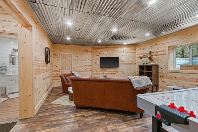 W5430 Southview Dr, Necedah, WI 54646 - playroom featuring recessed lighting, wood finished floors, and wood walls