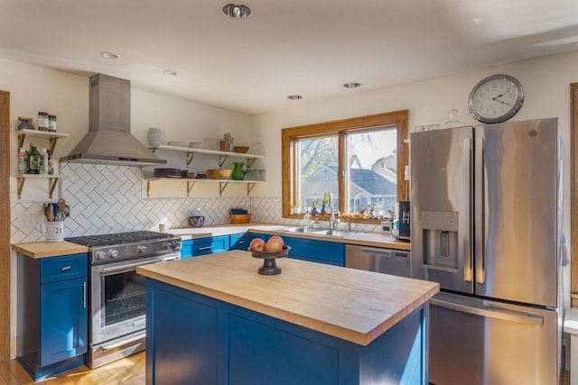 1337 Washington Ave, Oshkosh, WI 54901 - kitchen featuring open shelves, butcher block countertops, blue cabinets, wall chimney range hood, and appliances with stainless steel finishes