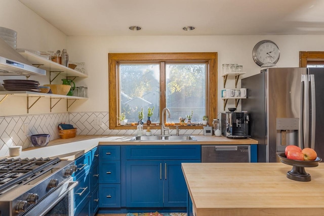 1337 Washington Ave, Oshkosh, WI 54901 - kitchen featuring stainless steel appliances, blue cabinets, decorative backsplash, a sink, and butcher block counters