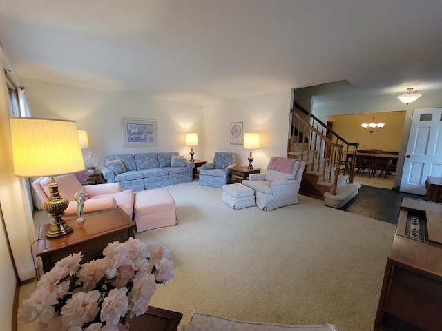 302 Riverview Ct, Portage, WI 53901 - living room featuring an inviting chandelier, carpet flooring, and stairs