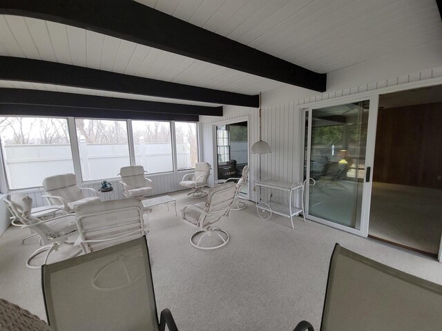 302 Riverview Ct, Portage, WI 53901 - living room with carpet flooring and beamed ceiling