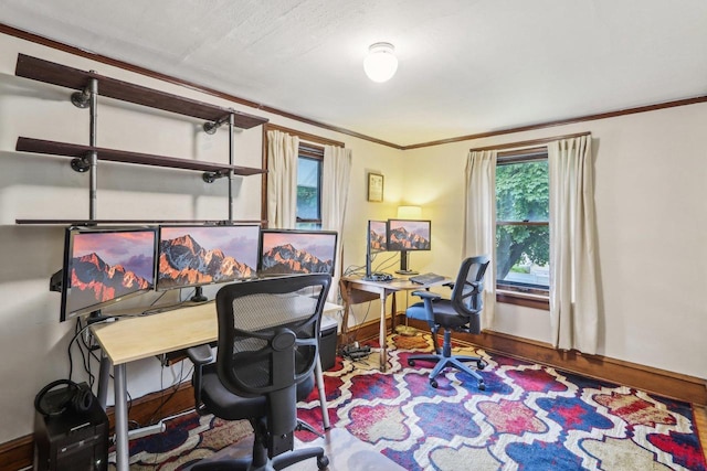 308 Forest St, Mount Horeb, WI 53572 - office with crown molding, baseboards, and wood finished floors