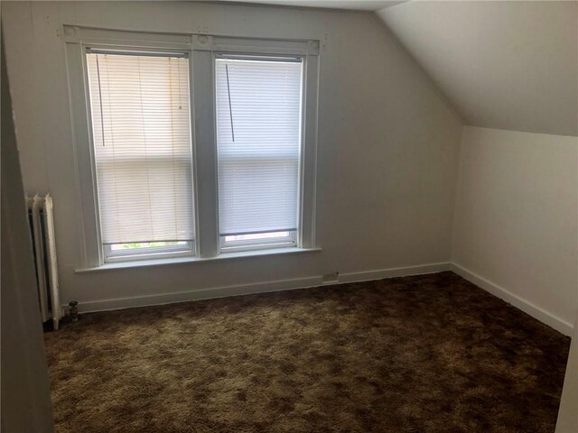 609 S Dewey St, Eau Claire, WI 54701 - additional living space with radiator heating unit, baseboards, dark colored carpet, and vaulted ceiling