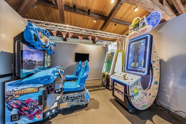 playroom with baseboards, beamed ceiling, and wooden ceiling