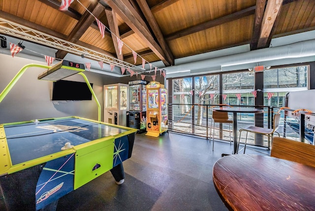 recreation room featuring wooden ceiling and vaulted ceiling with beams