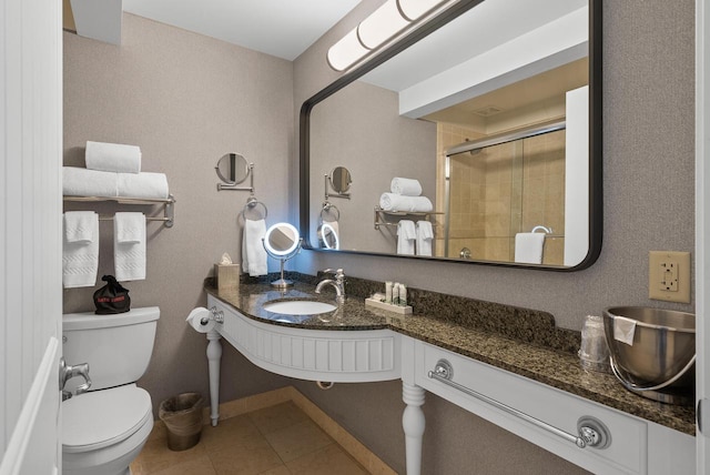 bathroom featuring a shower stall, toilet, tile patterned flooring, and vanity
