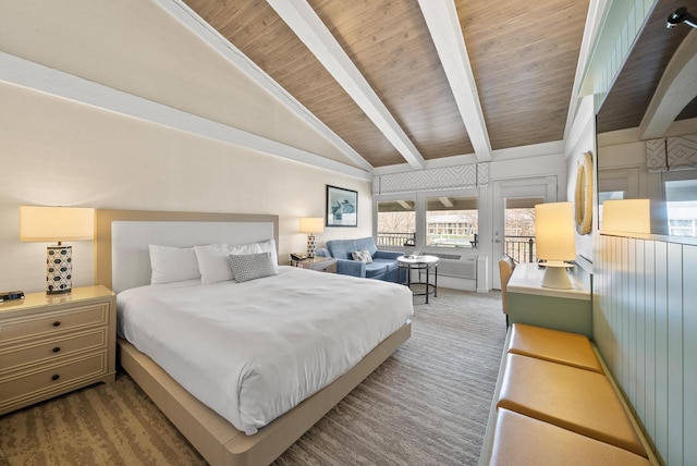 bedroom with wood ceiling, lofted ceiling with beams, and multiple windows