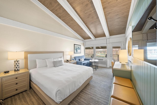bedroom featuring vaulted ceiling with beams and wood ceiling