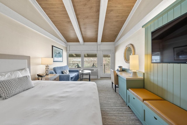 carpeted bedroom with lofted ceiling with beams, access to exterior, and wooden ceiling