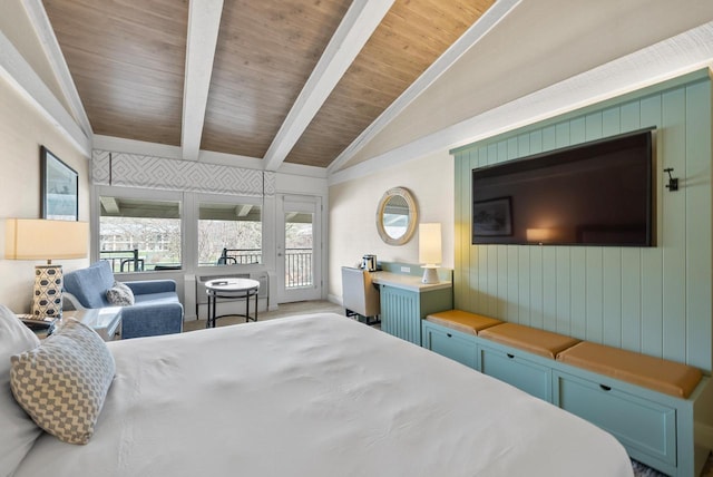 bedroom with carpet floors, vaulted ceiling with beams, access to exterior, and wooden ceiling