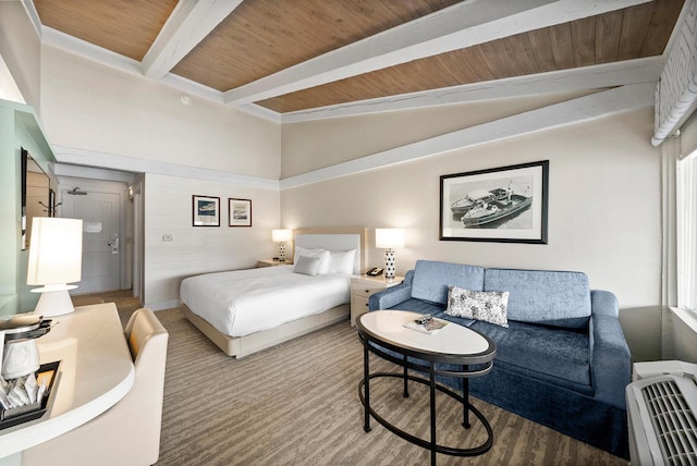 bedroom featuring lofted ceiling with beams and wood ceiling