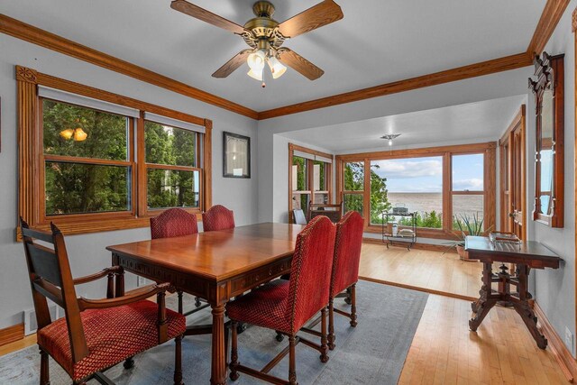2346 Hickory Ln, Oshkosh, WI 54901 - dining space with baseboards, ornamental molding, hardwood / wood-style flooring, and a ceiling fan