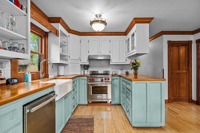 2346 Hickory Ln, Oshkosh, WI 54901 - kitchen with wooden counters, stainless steel appliances, under cabinet range hood, a sink, and open shelves