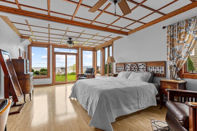 2346 Hickory Ln, Oshkosh, WI 54901 - bedroom with coffered ceiling, light wood-style floors, and access to outside