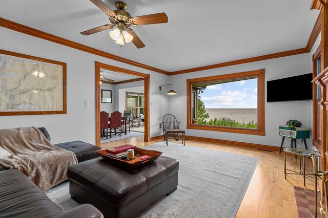 2346 Hickory Ln, Oshkosh, WI 54901 - living room with crown molding, baseboards, light wood-style floors, visible vents, and a ceiling fan