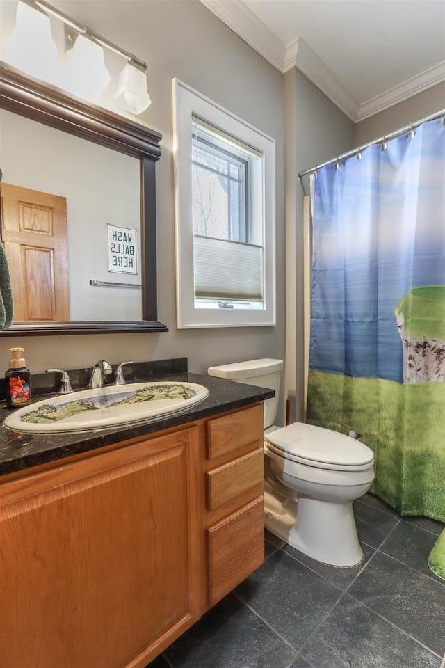 1579 Foxfire Ct, Waupaca, WI 54981 - bathroom featuring vanity, crown molding, and toilet