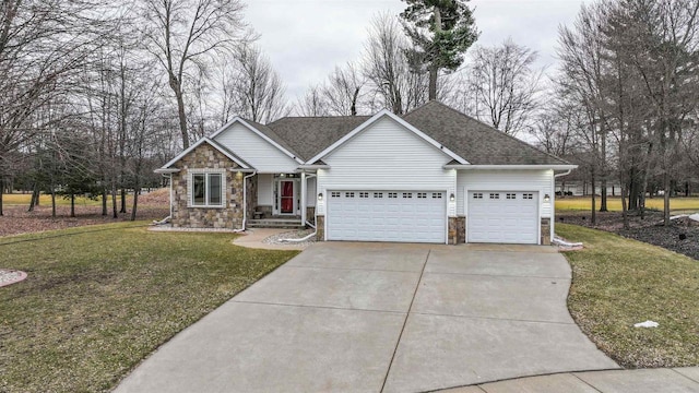 1579 Foxfire Ct, Waupaca, WI 54981 - single story home with a front lawn, stone siding, a garage, and concrete driveway