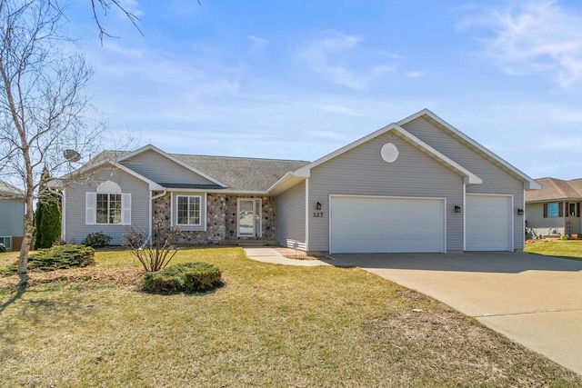 ranch-style house with a shingled roof, a garage, concrete driveway, and a front lawn
