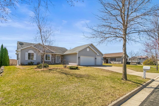 ranch-style home featuring a garage, a front lawn, and concrete driveway